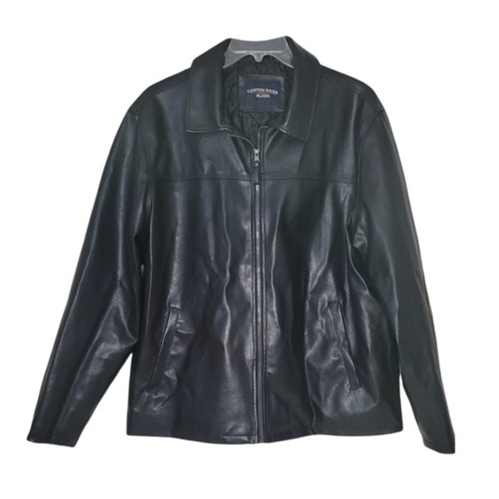 Canyon River Blues Bomber Jacket Men XL Black Faux Leather EUC Full Zip Lined